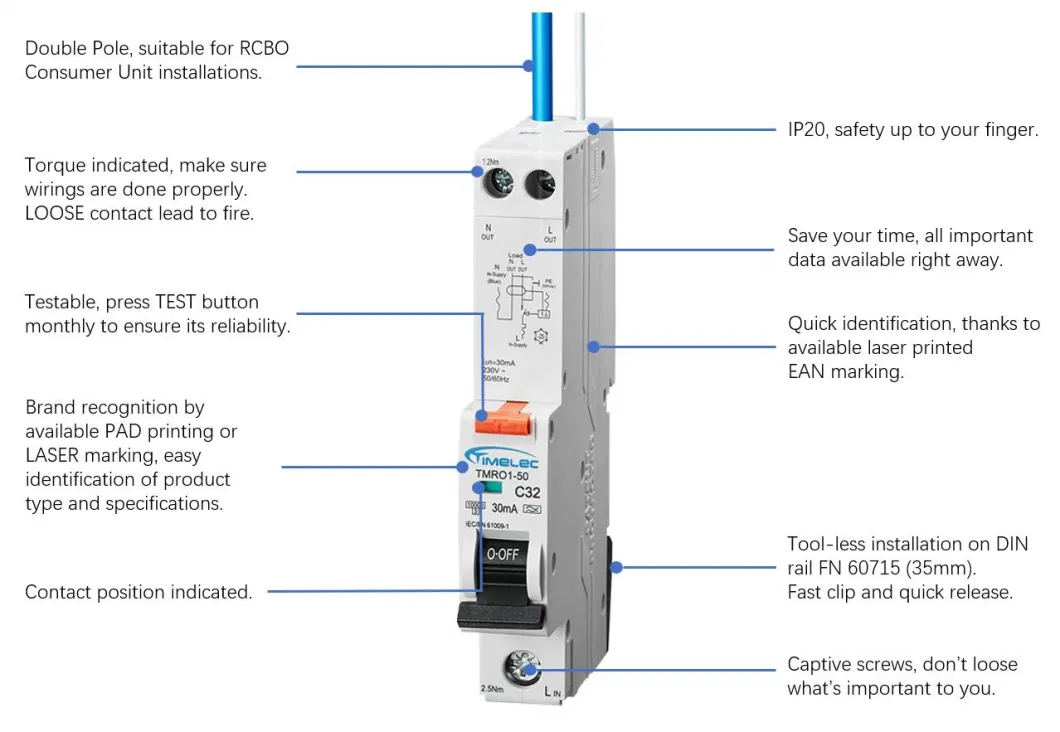 GFCI breaker 1P+N C50 TypeA 30mA 10kA CE RCBO for Home