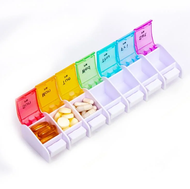 Weekly Daily Plastic Pill Organizer Box with Easy Push Button Pill Container