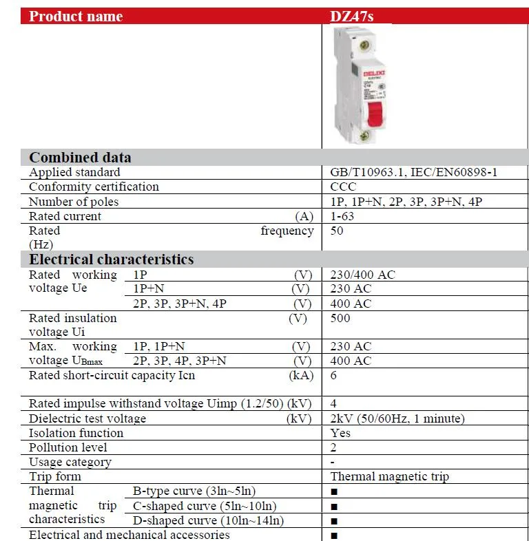 Delixi Dz47s Best Quality 1p 2p 3p 4p MCB Miniature Circuit Breaker