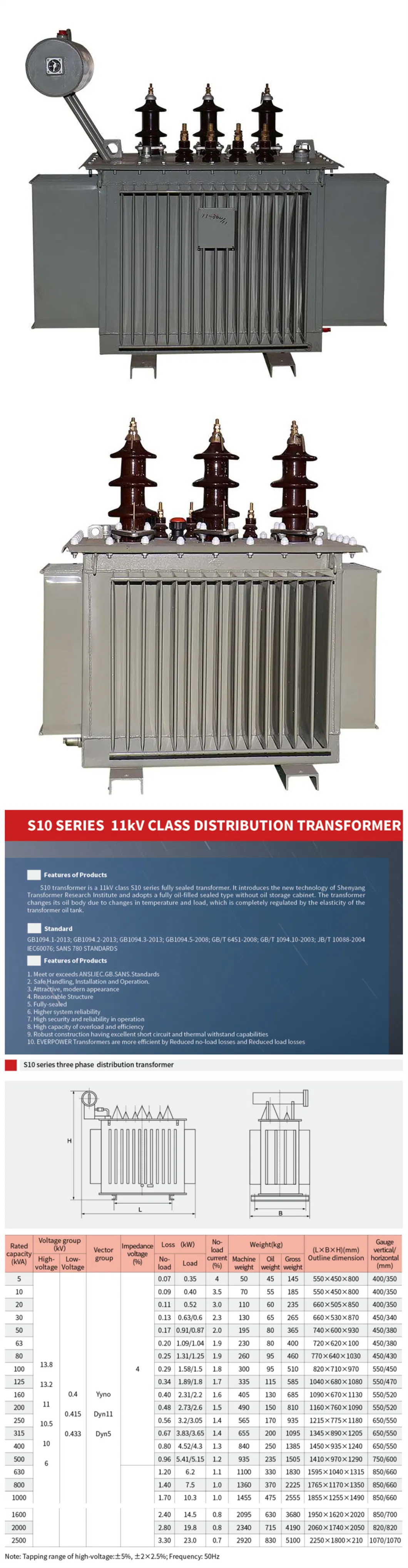 S10 Series 11kv High Voltage Oil Immersed Distribution Transformer