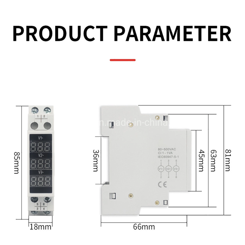 Modular Voltage Meter 3 Phase 80V to 500V AC LED Digital Display DIN Rail Volt Meter