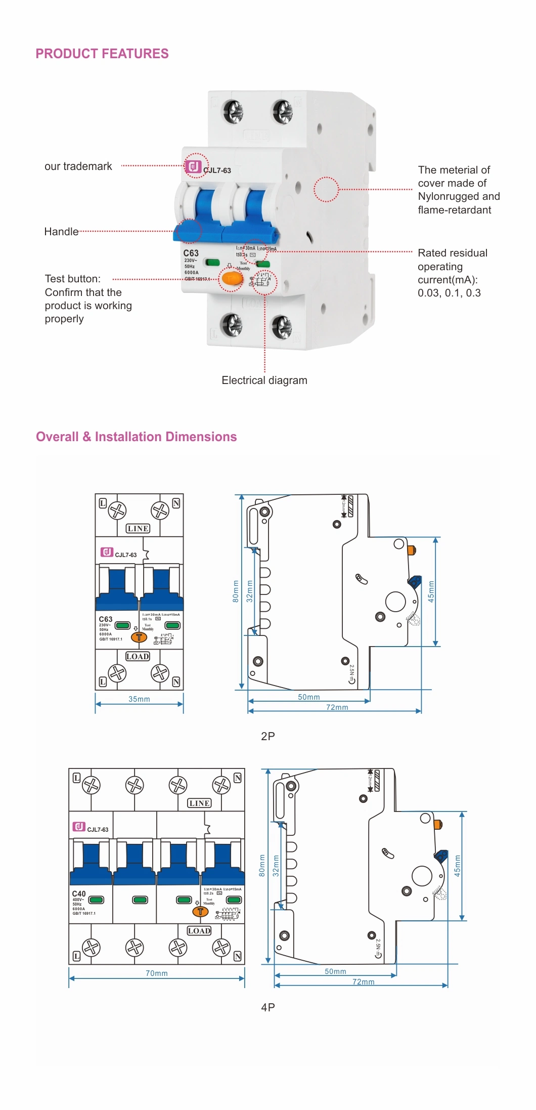 Cjl7-63 4p Residual Current Circuit Breaker with Overcurrent Protection