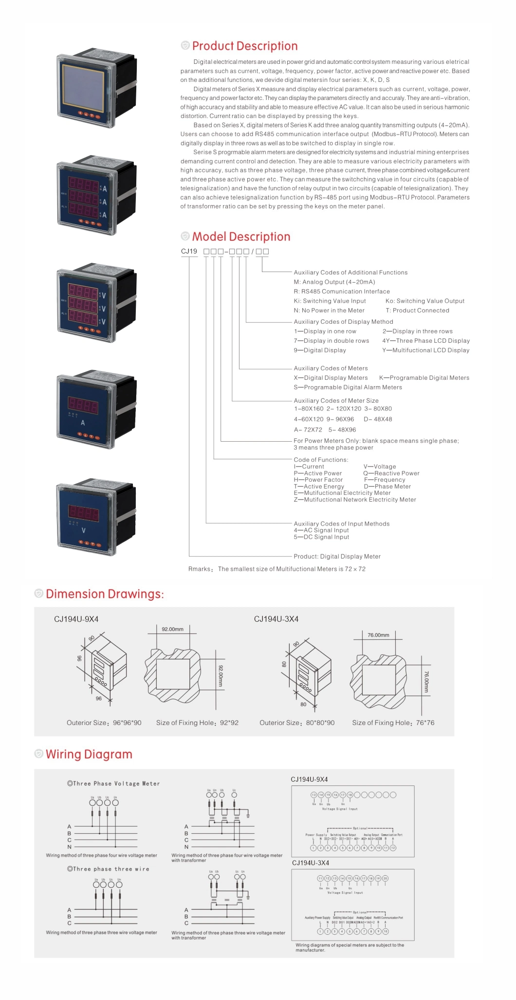 Cj194u-9X4 LED Panel Three Phase Digital Voltage Meter