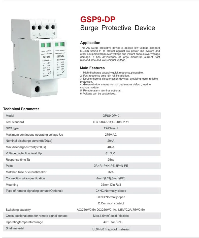 Hot Direct Sales by Manufacturers 20ka 40ka PV DC Solar Lightning SPD Surge Protector Protective Protection Device