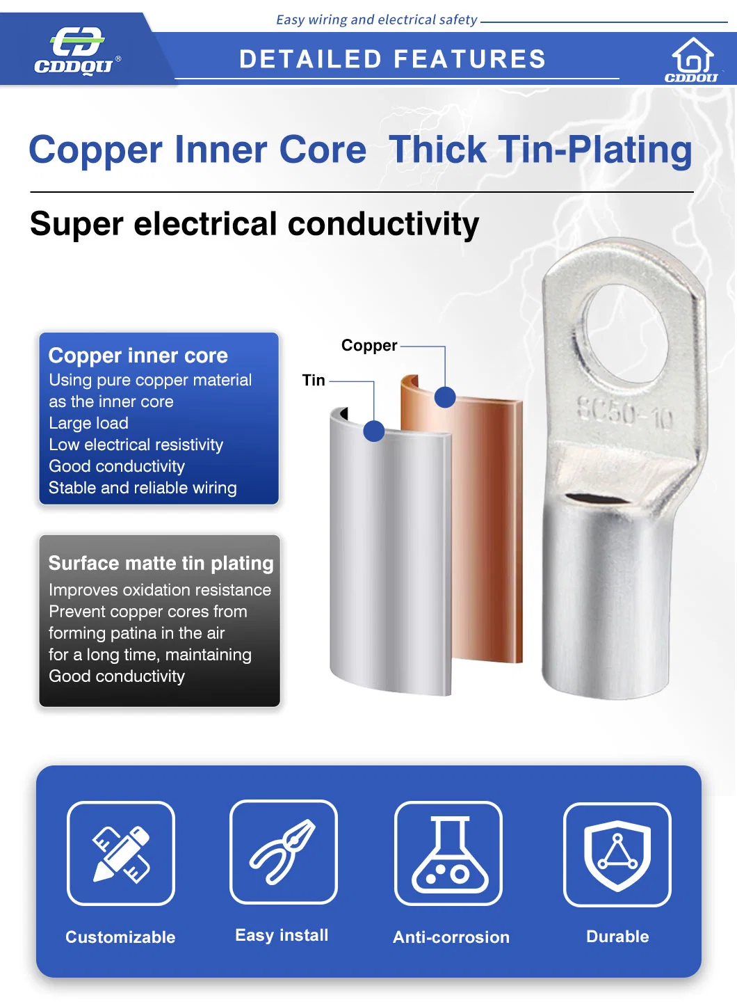 Sc10-6 Copper Lug Coated Tin Pure Crimping Connecting Terminals Lug Single Hole Copper Crimp Cable Lugs