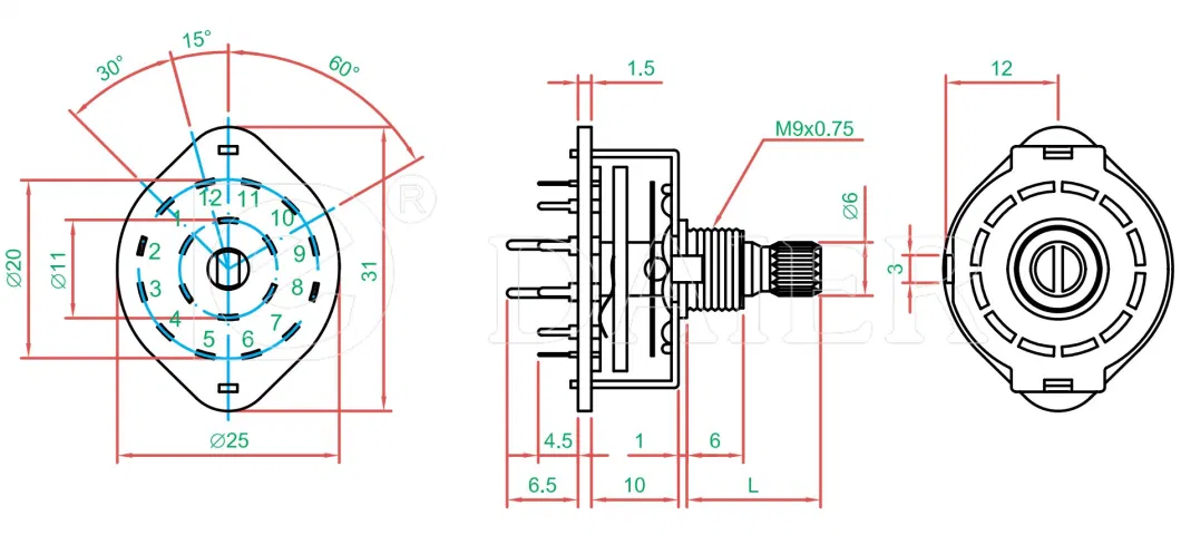 0.5A 125VAC Metal 2/3/4/6/12 Position Selector PCB Rotary Switch