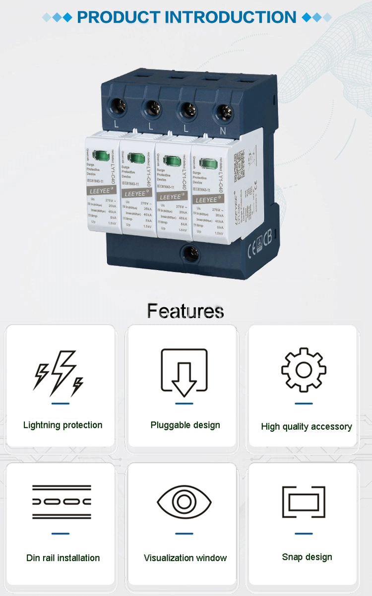 4p 40ka SPD Class II 275V AC Surge Protector Device for Lightning Protection