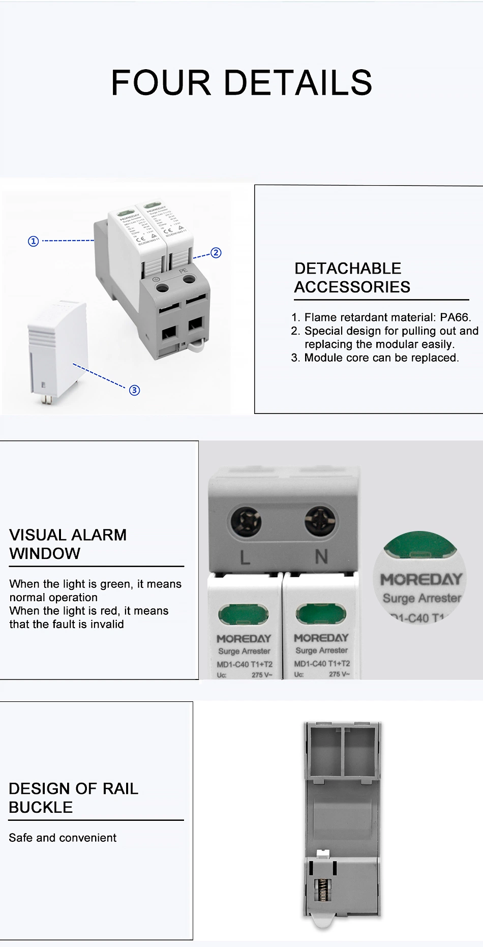 Factory Delivery Solar T1+T2 DC SPD 1000V 40ka PV Surge Protection Devices for Photovoltaic System