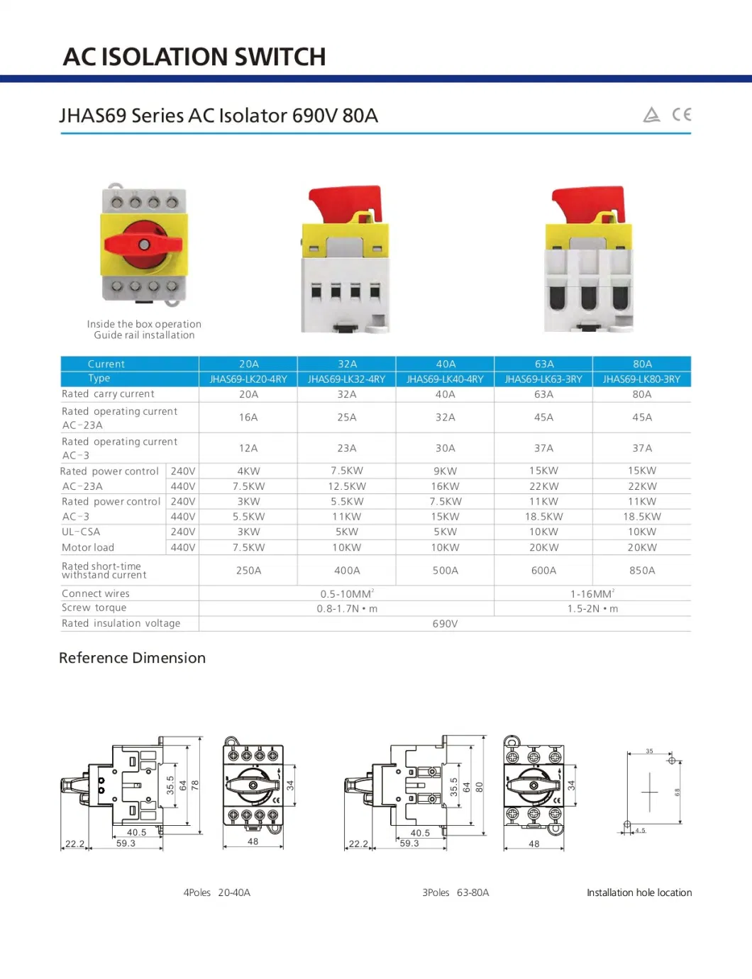 3-Pole 690 VAC 40A Wall Mount IP66 Waterproof Rotary Enclosed Disconnect Switch