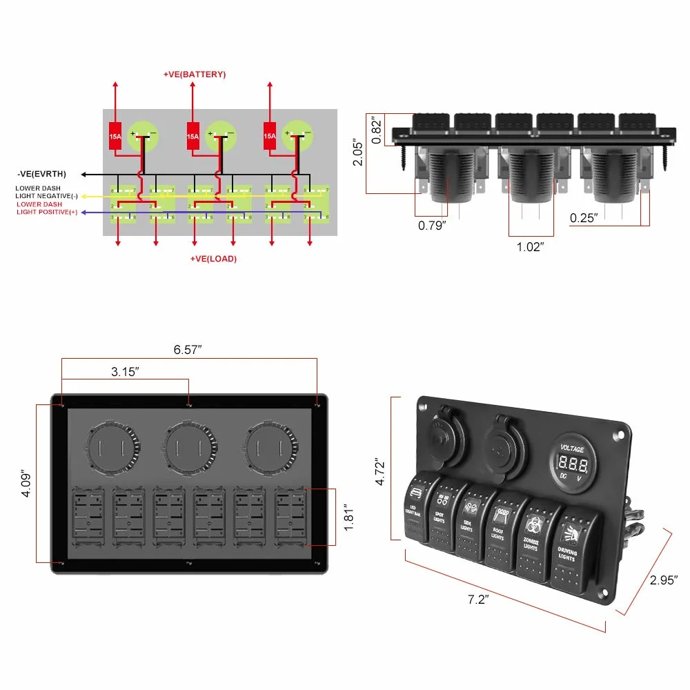 6 Gang Rocker Switch Panel Fuse Panels Waterproof Digital Voltmeter Display Dual USB Charger Port for Car Boat and More