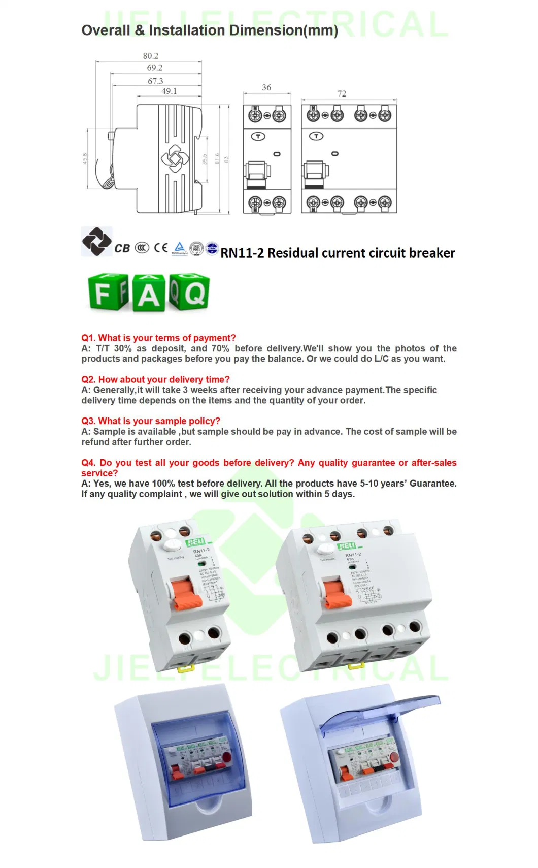 Jieli Scm Electromagnetic Type 2p 40A Residual Current Circuit Breakers