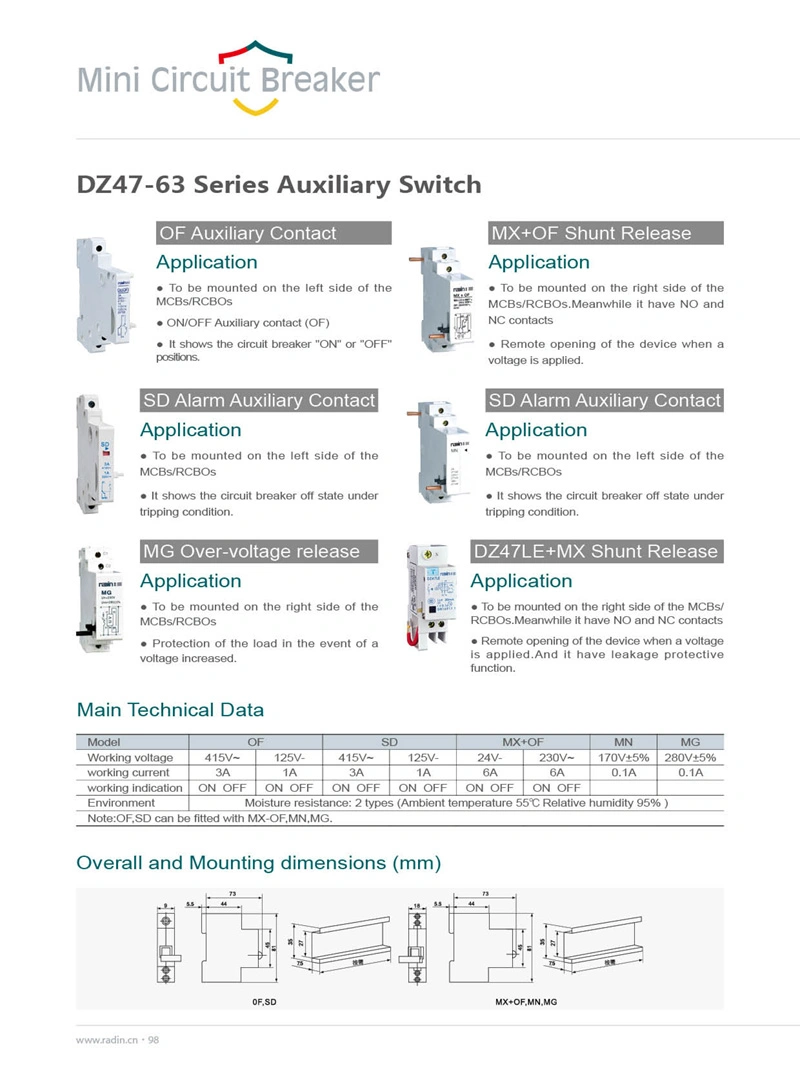 Dz47-63 Series Auxiliary Switch Auxiliary Contact