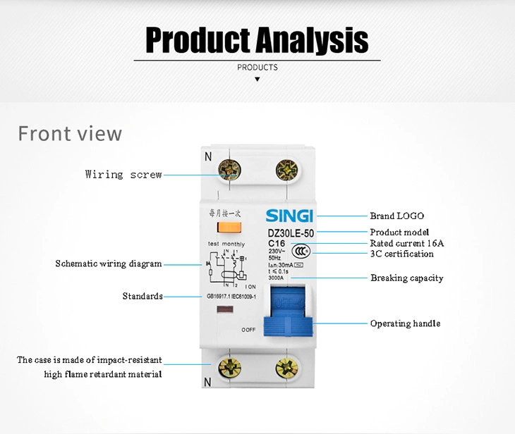 Dz30le-50 Residual Current Circuit Breaker with Over Current Protection (RCBOs) 230V 30mA 1p+N 32A 50A 3ka MCB RCBO
