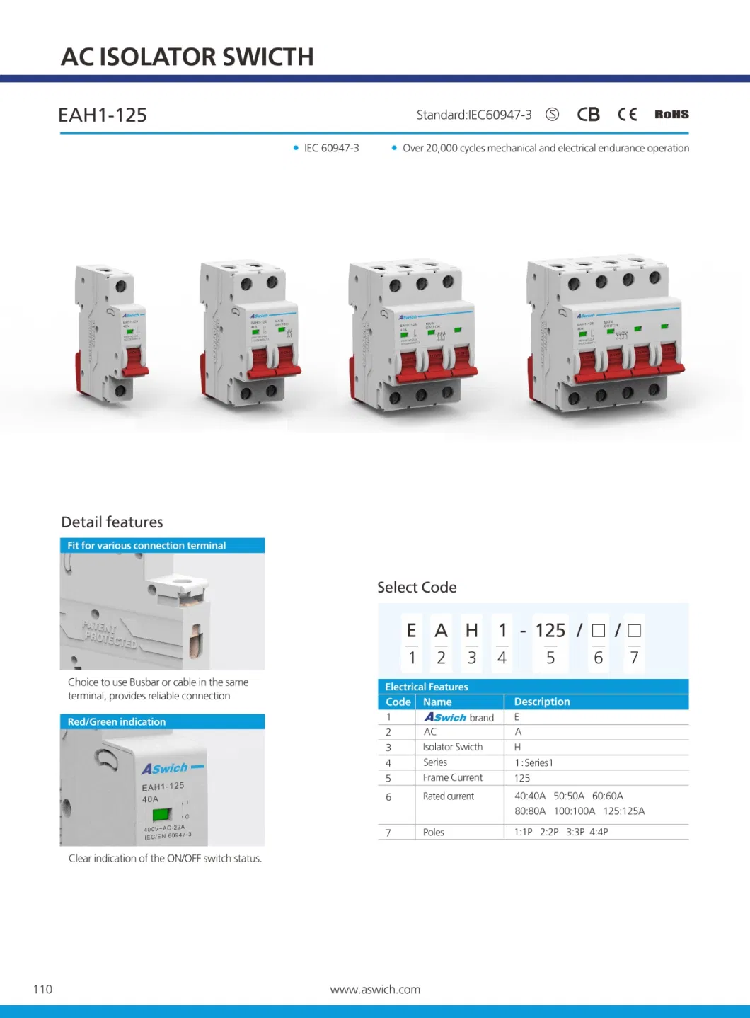 Aswich Factory Wholesales Price Single / Three Phase 125AMP 4pole 415V AC Isolator Switch