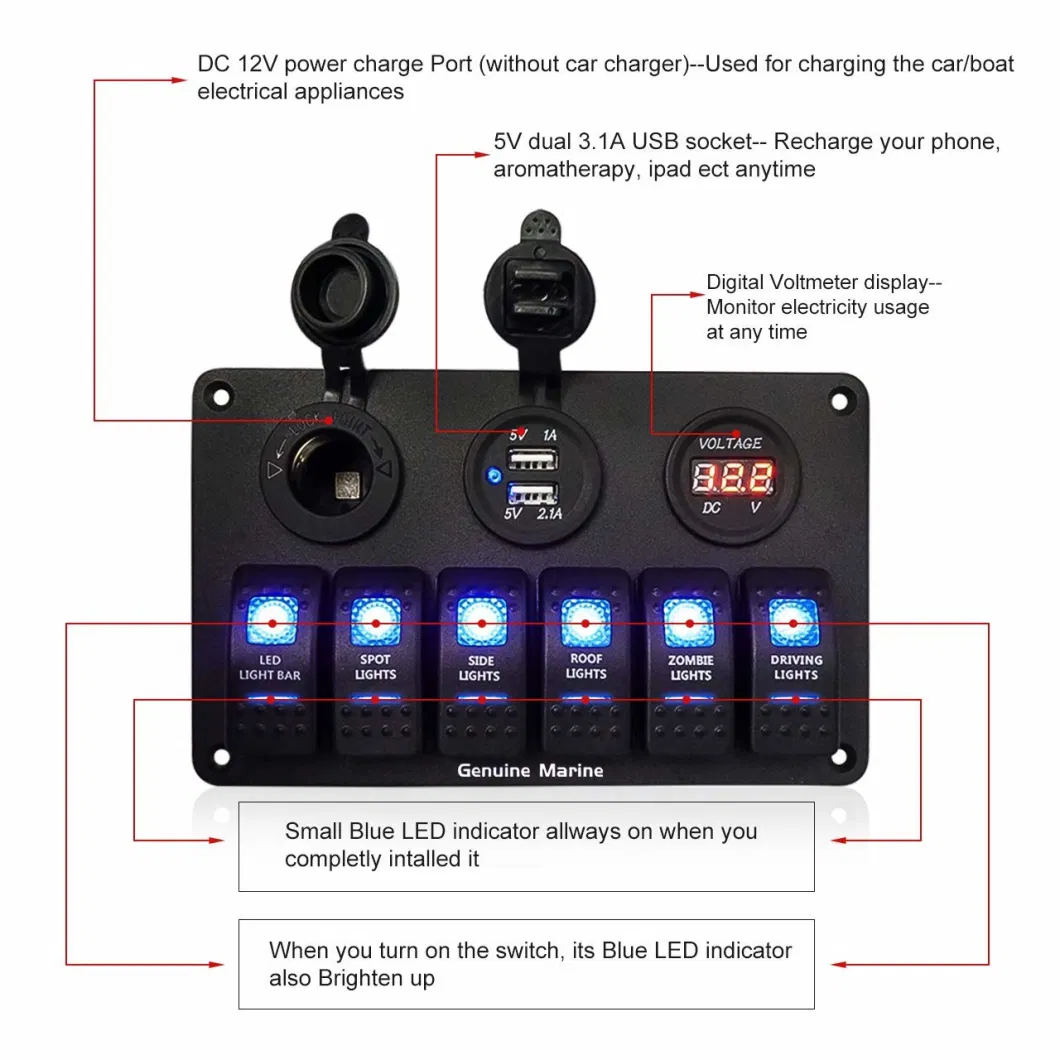 6 Gang Rocker Switch Panel Fuse Panels Waterproof Digital Voltmeter Display Dual USB Charger Port for Car Boat and More