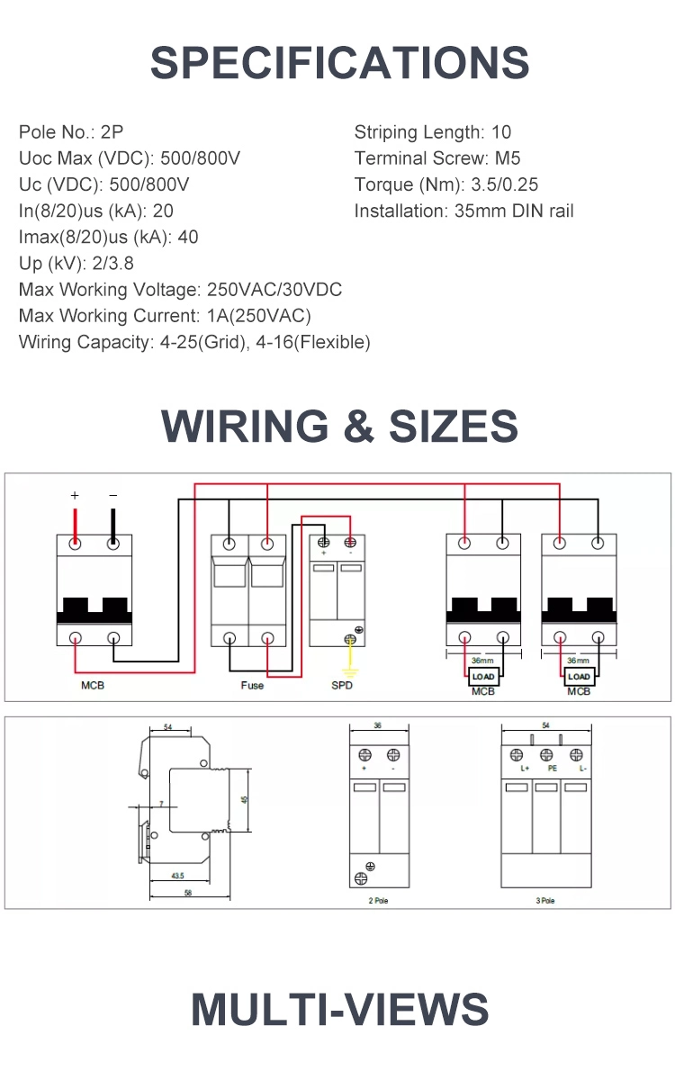 Sinoasian 2p 500V 800V 1000V DC PV Solar 20ka 40ka Surge Protective Device with Lighting Protection