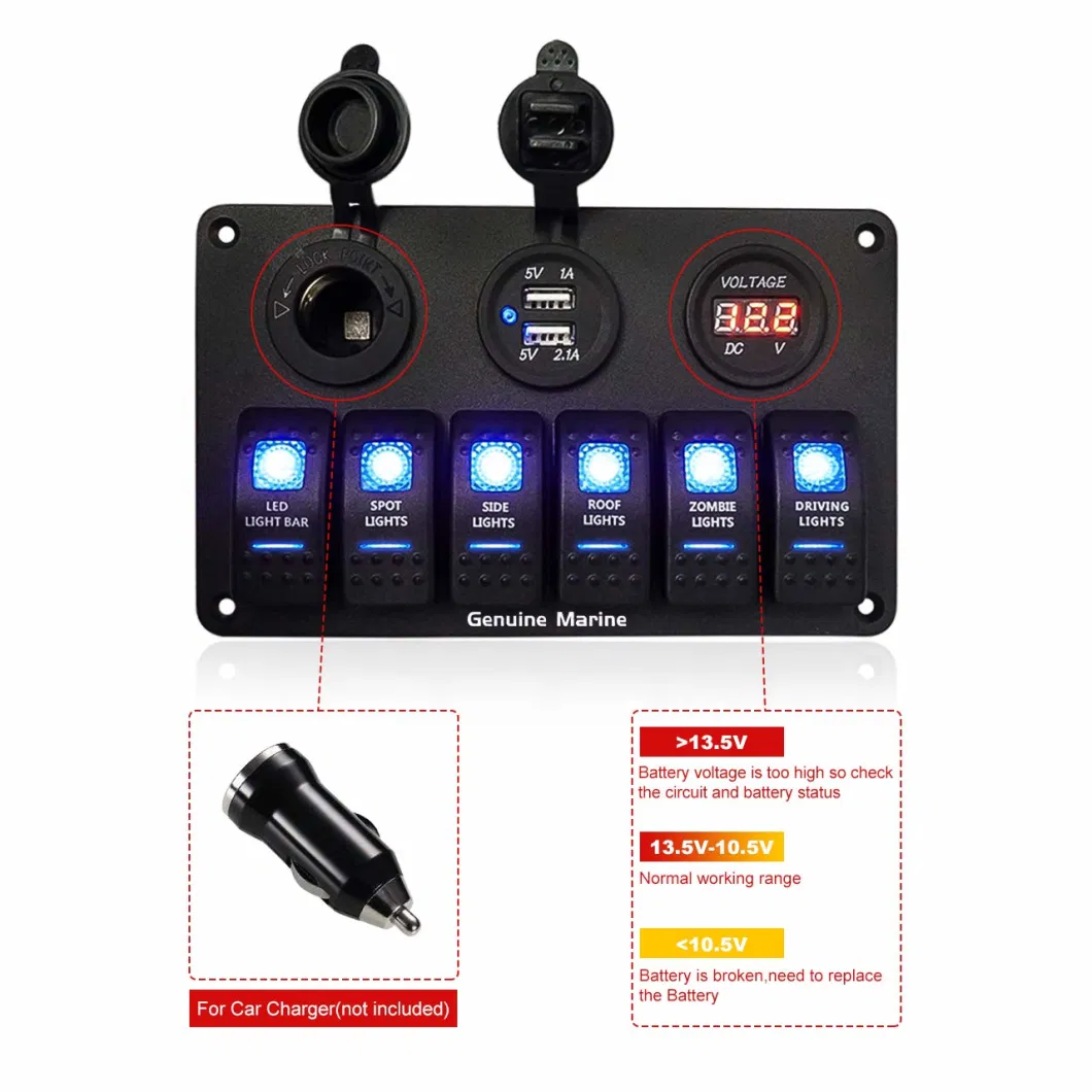 6 Gang Rocker Switch Panel Fuse Panels Waterproof Digital Voltmeter Display Dual USB Charger Port for Car Boat and More