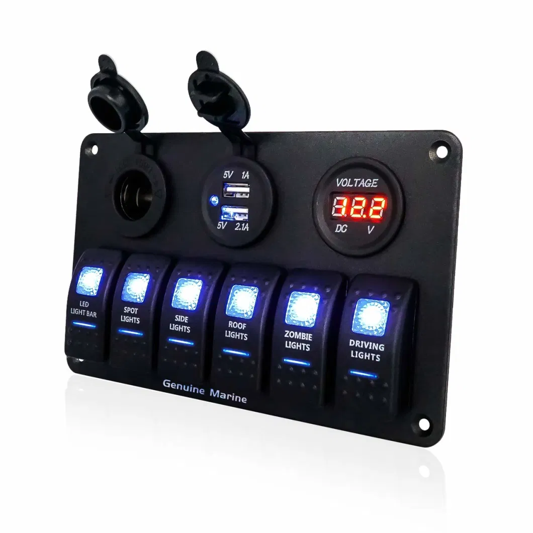 6 Gang Rocker Switch Panel Fuse Panels Waterproof Digital Voltmeter Display Dual USB Charger Port for Car Boat and More