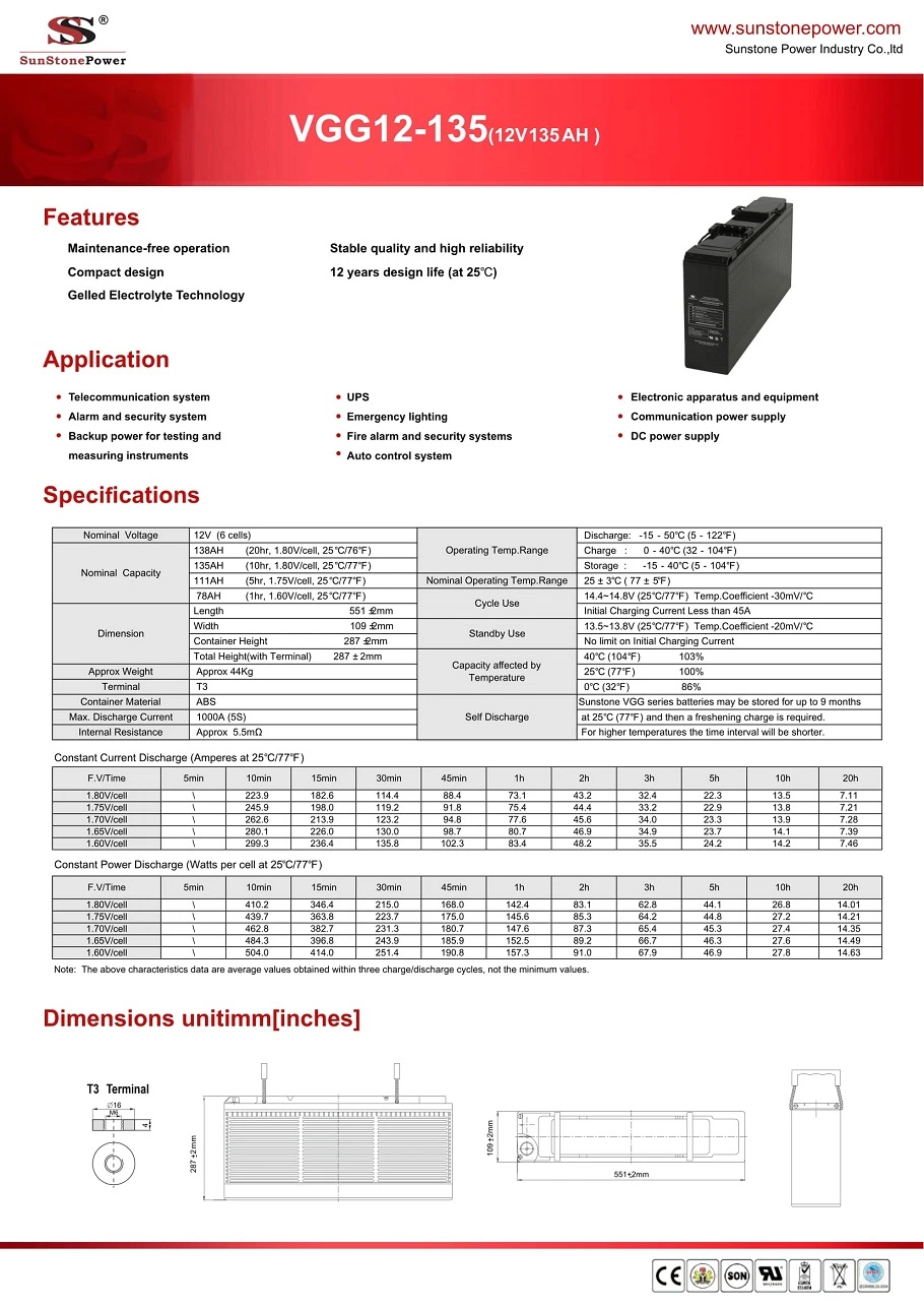 12V Voltage 135ah Deep Cycle Gel Battery Front Terminal Telecom Battery