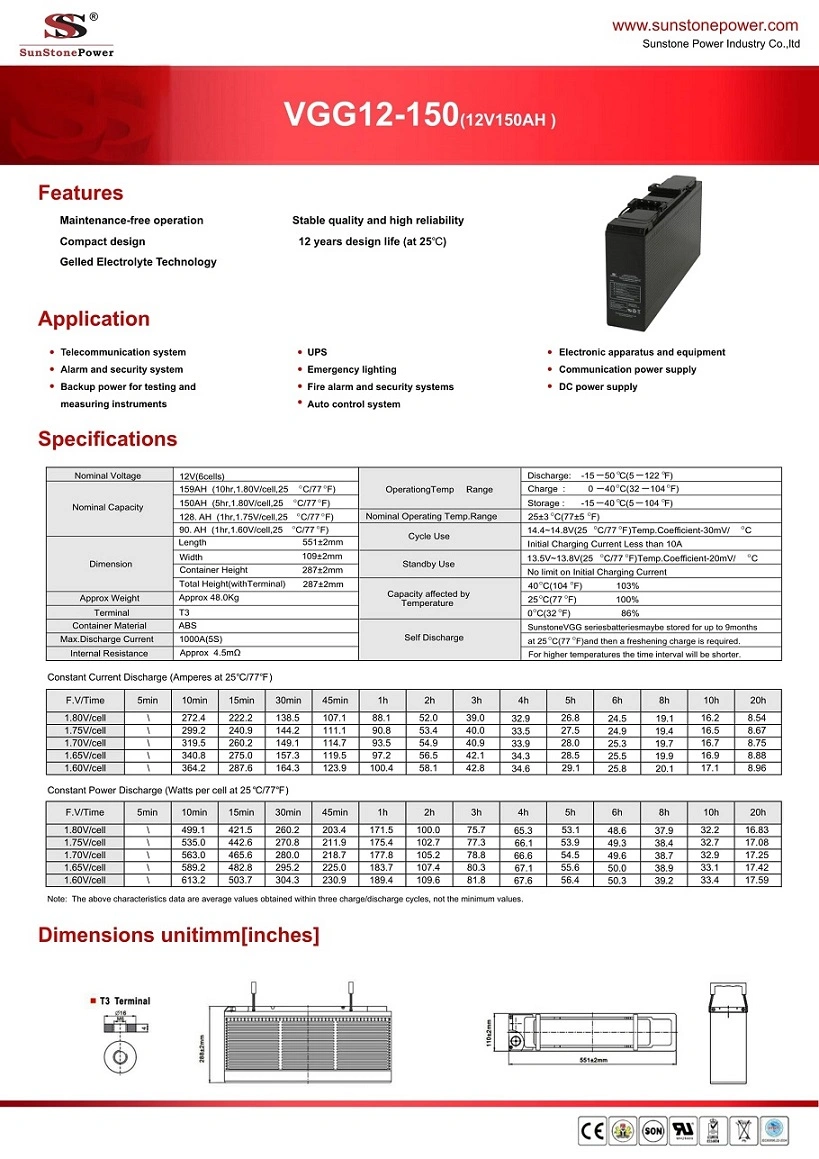 Deep Cycle Solar Gel Battery 12V Voltage 150ah Telecom Battery