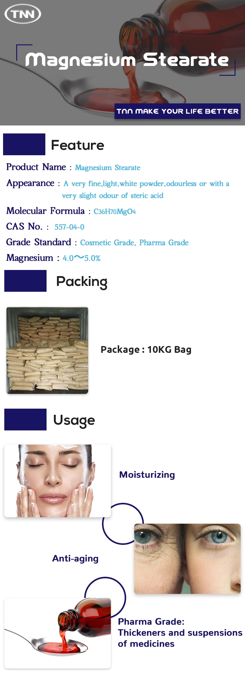 Hot Selling Bp/USP Magnesium Stearate Powder CAS 557-04-0