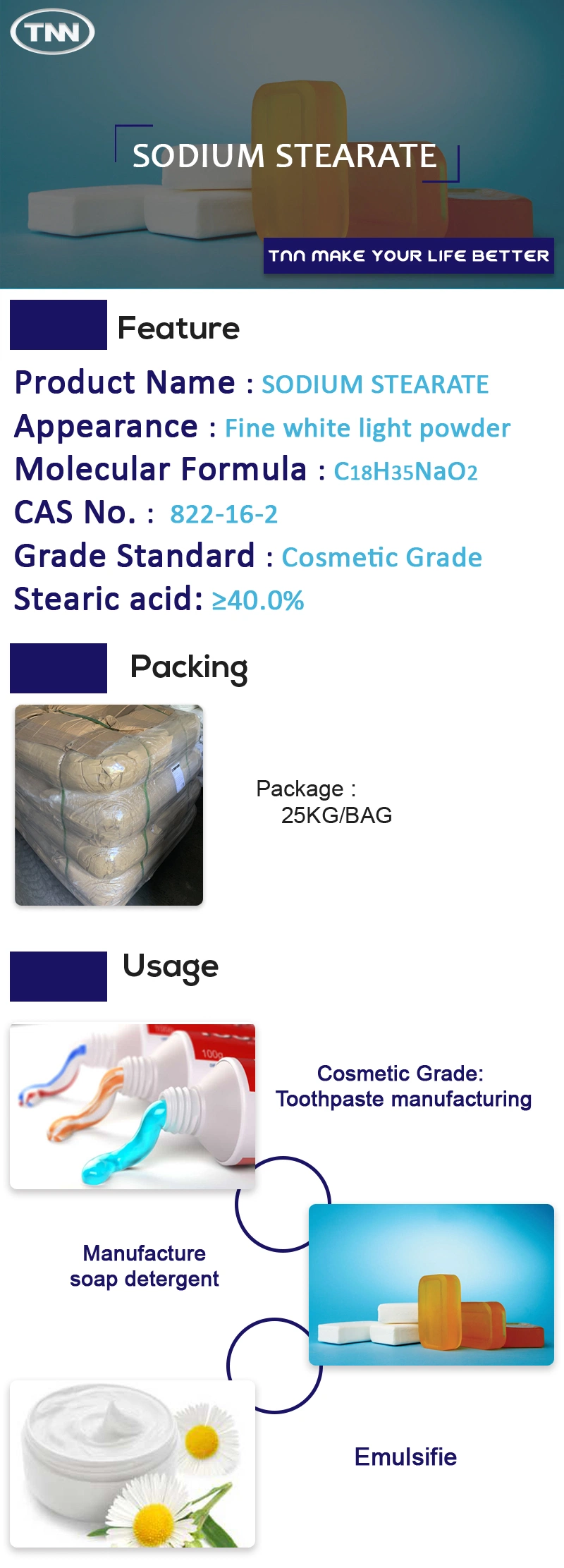 Soap Supplier CAS No 822-16-2 Sodium Stearate