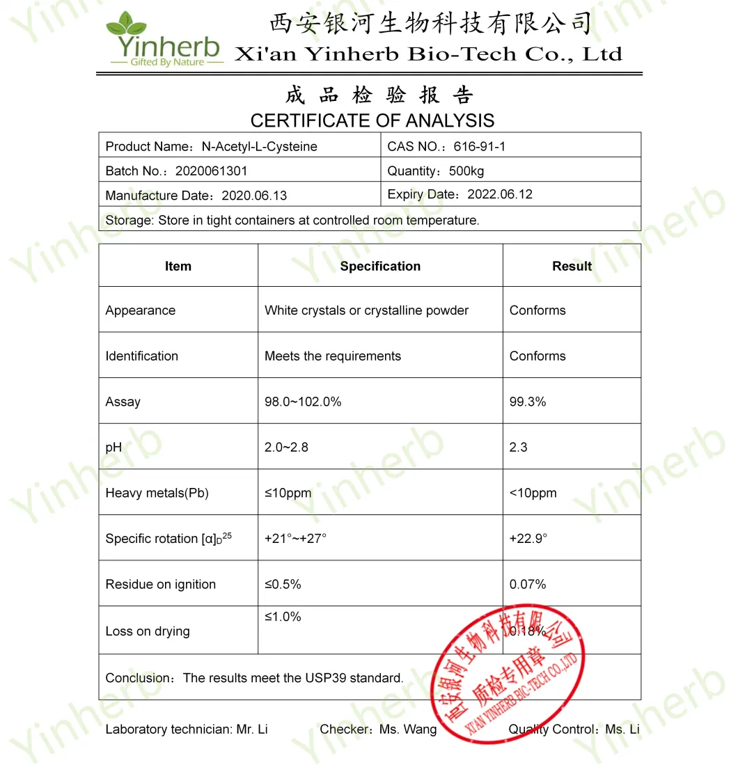 Yinherb Pharmaceutical Raw Material Dietary Nutrition Health Supplement CAS 616-91-1 99% Purity Nac Powder N-Acetyl-L-Cysteine