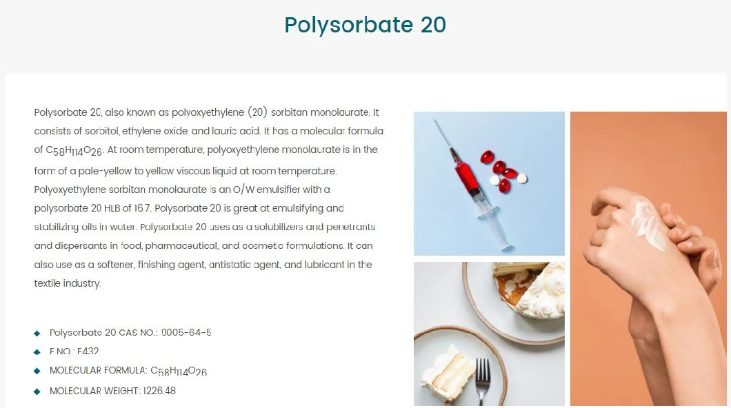 Tween 20/21/40/60/61/65/80/81/83//Polyoxyethylene Sorbitan Fatty Acid Esters for Detergent/Cosmetic