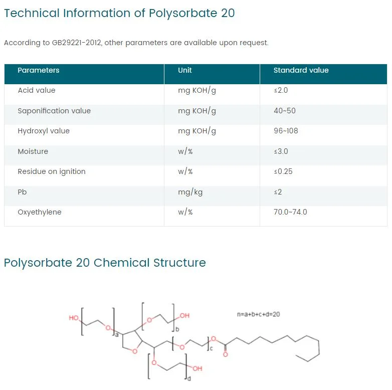 Tween 20/21/40/60/61/65/80/81/83//Polyoxyethylene Sorbitan Fatty Acid Esters for Detergent/Cosmetic