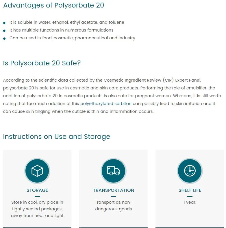 Tween 20/21/40/60/61/65/80/81/83//Polyoxyethylene Sorbitan Fatty Acid Esters in Food &amp; Detergent &amp; Cosmetic