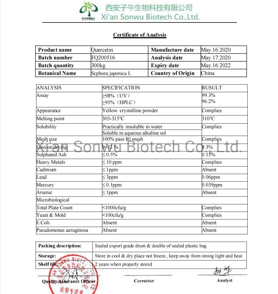 Sonwu Supply Organic Quercetin Powder Accept OEM Quercetin Capsules Quercetin