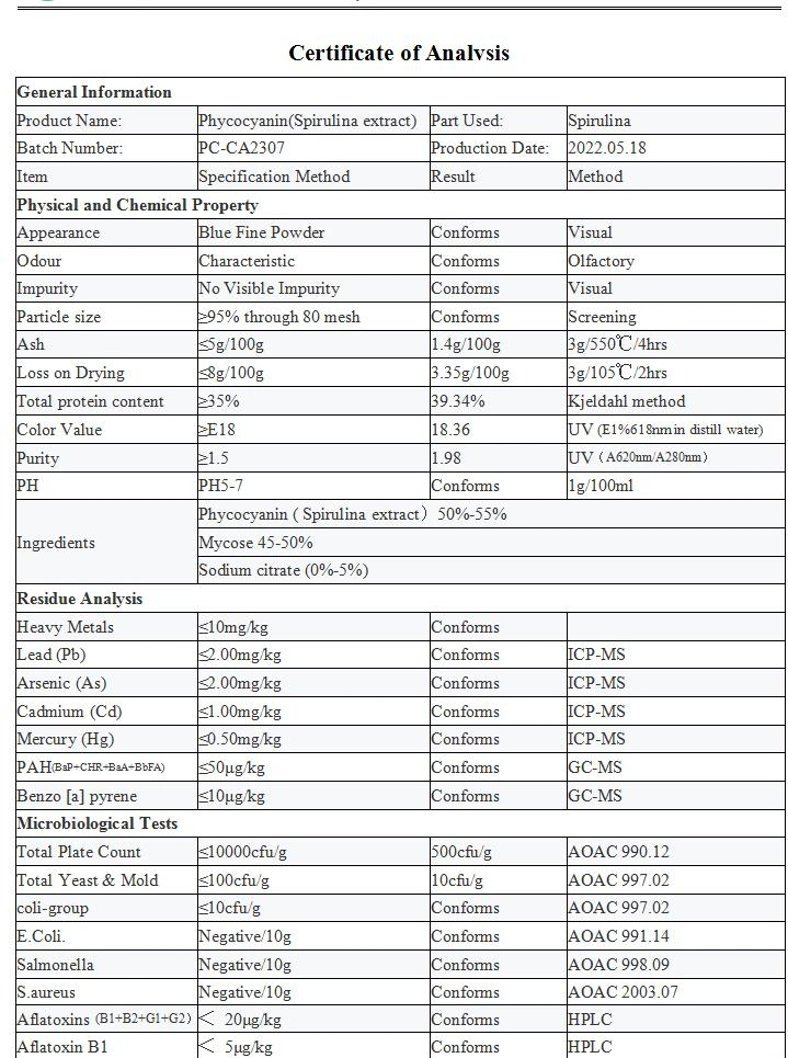Factory Wholesale Natural Blue Spirulina Extract Powder Phycocyanin