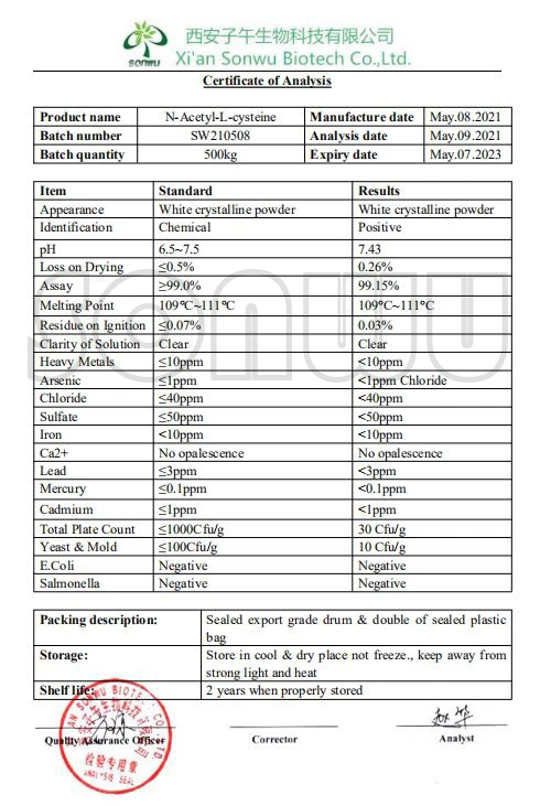 Sonwu Supply CAS 616-91-1 N-Acetyl-L-Cysteine Ethyl Ester N Acetyl L Powder