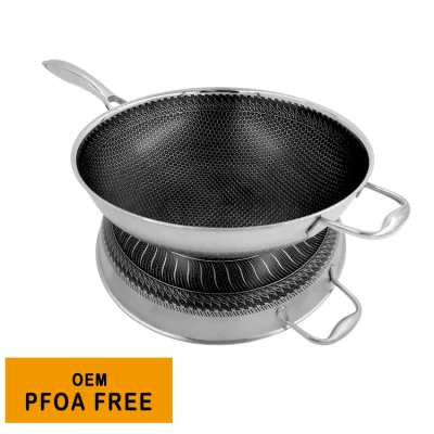  Honeycomb Non Stick Kitchenware Wok Pan 3 Ply Stainless Steel Wok