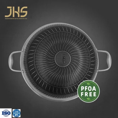  Large Size Three-Layer Stainless Steel Double Side Handles Honeycomb Wok with Non Stick Coating