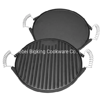 Double Sided Round Cast Iron Reversible BBQ Grill Griddle Frying Pan