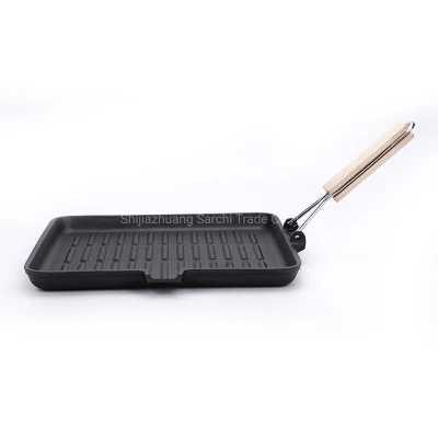 Detachable Wooden Folding Handle Camping Cast Iron Frying Grill Pan Skillet