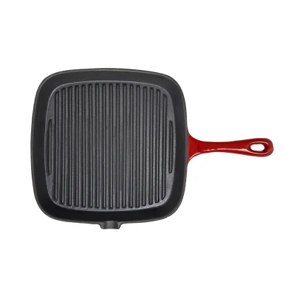 Factory Price High Quality 26cm Red Enamel Cookware Cast Iron Square BBQ Steak Grill Pan Non Stick Frying Pan for Home Kitchen