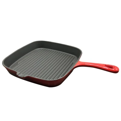 Factory Price High Quality 26cm Red Enamel Cookware Cast Iron Square BBQ Steak Grill Pan Non Stick Frying Pan for Home Kitchen
