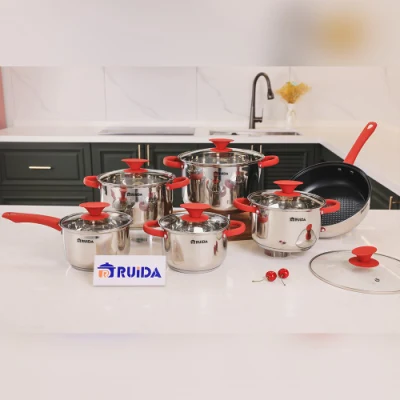 Colorful Stainless Steel Frypan Wok Saute Pan with Red Silicone Handle
