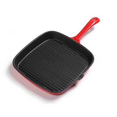 Factory Price High Quality 26cm Red Enamel Cookware Cast Iron Square BBQ Steak Grill Pan Non Stick Frying Pan for Home Kitchen