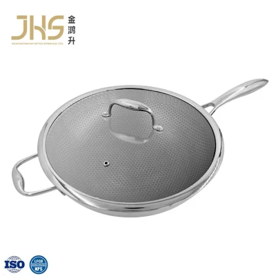  Manufacturer Wholesale Price Tri-Ply Stainless Steel Wok Non Stick Etching Honeycomb Cookware with Glass Lid