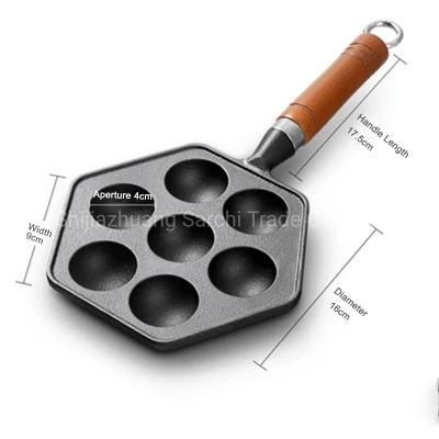  7-Hole Cake Cooking Pan Cast Iron Omelette Pan Non-Stick Grill Takoyaki Pan with Wooden Handle