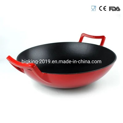 14 Inch Eco Friendly Red Enamel Cast Iron Wok with Lid
