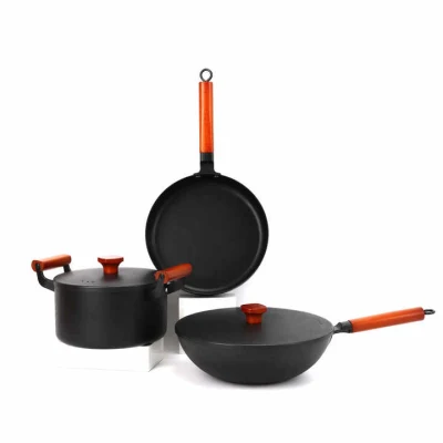  Cast Iron Cookware Set 3 Pieces Non Stick Cast Iron Wok Household Soup Pot Breakfast Frying Pan Set