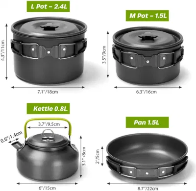  Nonstick Lightweight Backpacking Set Outdoor 22 Pieces Camping Cookware Set for Family Hiking, Picnic (Kettle, Pot, Frying Pan, Bowls, Plates, Spoon) Wbb17894