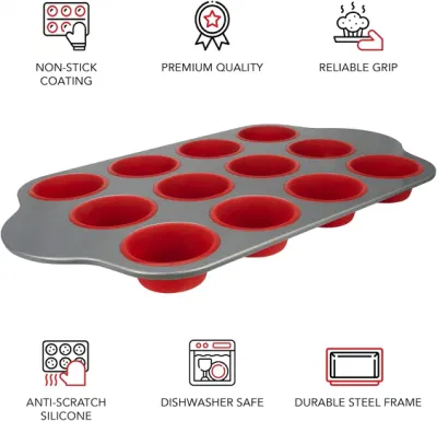  Boxiki Kitchen Non-Stick 12 Cup Silicone Muffin Pan with Steel Frame - BPA Free, Non-Toxic, Anti-Warp, Durable &amp; Easy to Pop Silicone Muffin Tin - Perfect Cupc