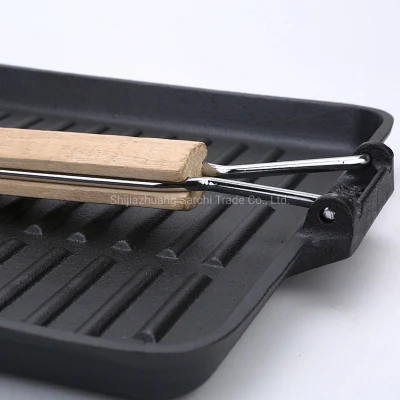 Detachable Wooden Folding Handle Camping Cast Iron Frying Grill Pan Skillet