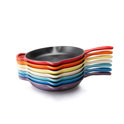  Enameled Cast Iron Skillet Round Frying Pan for Kitchen Multipurpose Cooking Pan with Porcelain Enamel Coating and Pour Spout