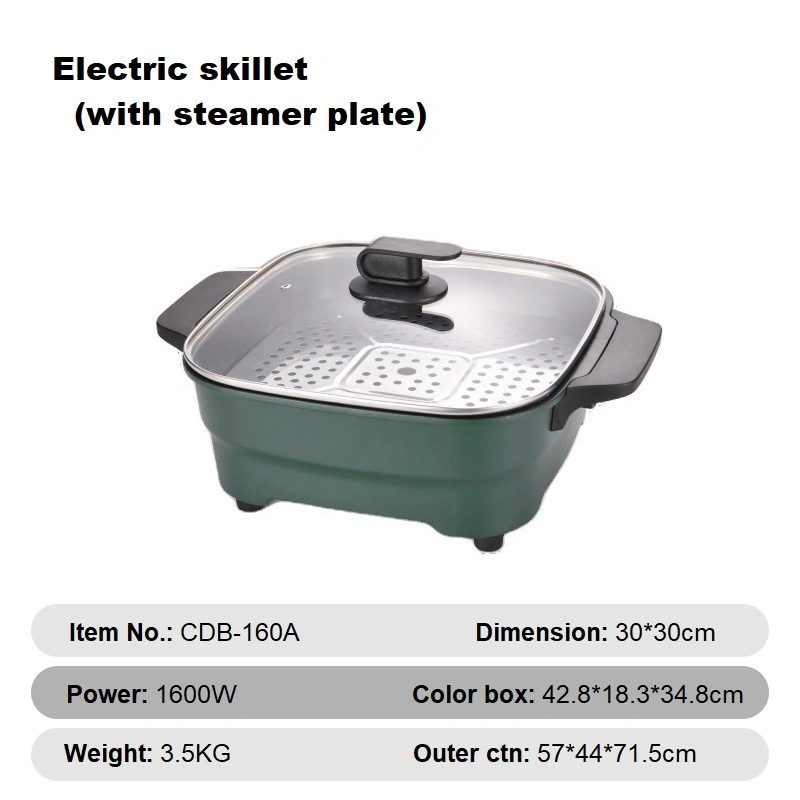 Large 6L Electric Grill Pan, 30*30cm, 1600W, Family-Sized Cooking Skillet